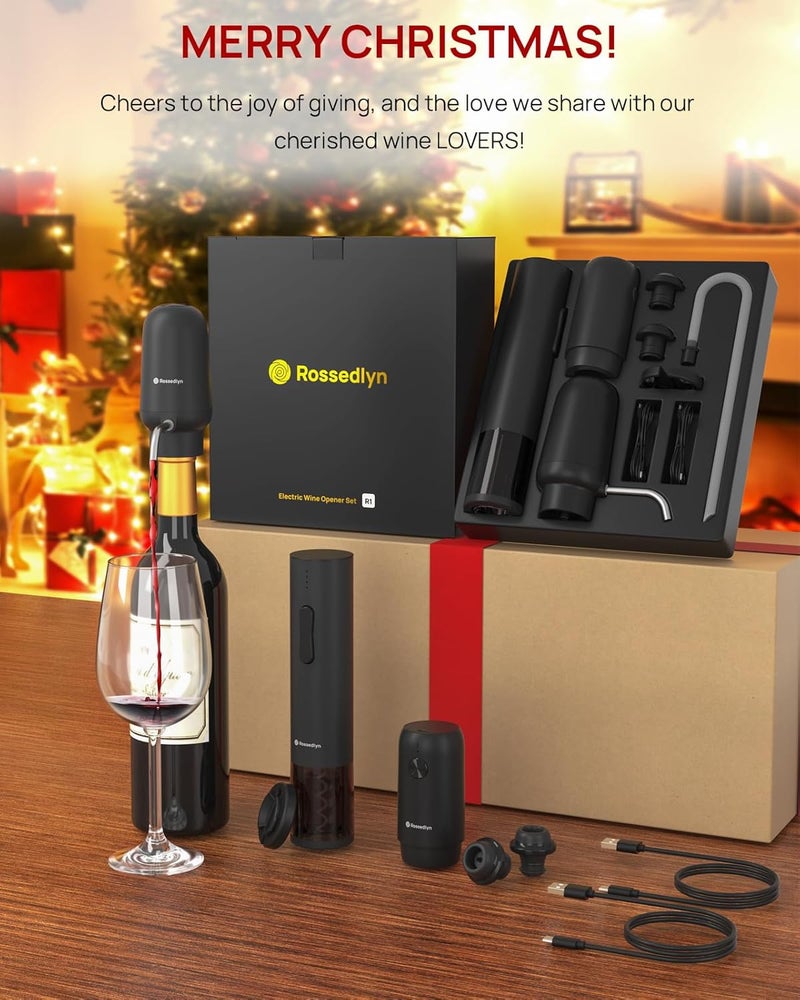 Rossedlyn Rechargeable Electric Wine Opener Gift Set - Aerator, Bottle Opener, Foil Cutter, Wine Vacuum Pump and Stoppers for Home Bar Outdoor Party - Image 2
